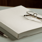 Closed annual report with reading glasses and a pen on a desk in daylight