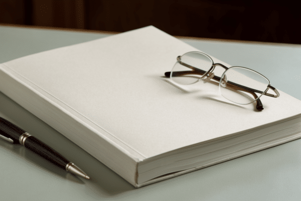 Closed annual report with reading glasses and a pen on a desk in daylight