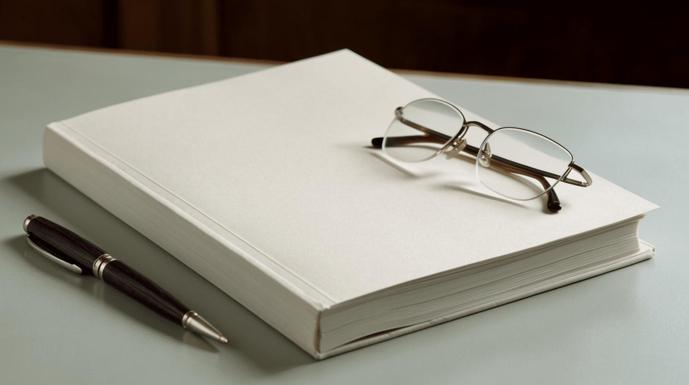 Closed annual report with reading glasses and a pen on a desk in daylight