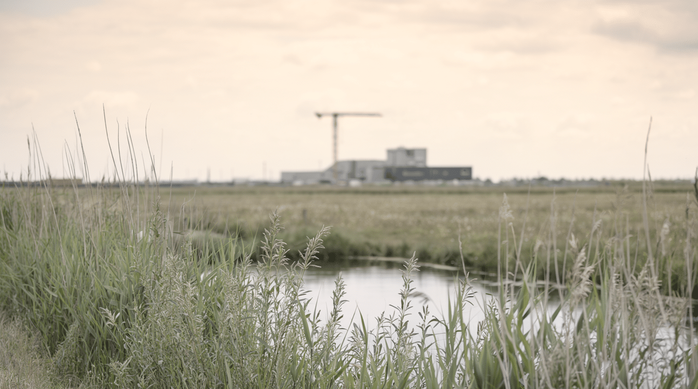 Dutch polder landscape with reeds in the foreground and an industrial building with a crane on the horizon