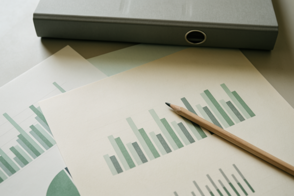 Printed overviews and charts on a desk with a ring binder and a pencil
