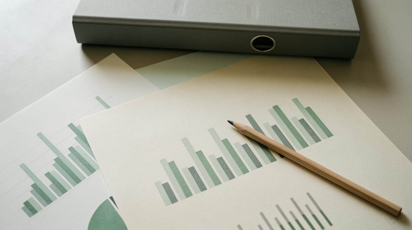 Printed overviews and charts on a desk with a ring binder and a pencil