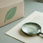Cardboard product box with a green leaf symbol next to a magnifying glass on a printed page