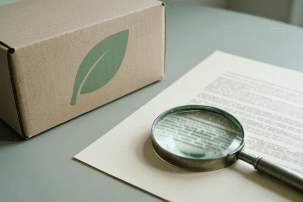 Cardboard product box with a green leaf symbol next to a magnifying glass on a printed page