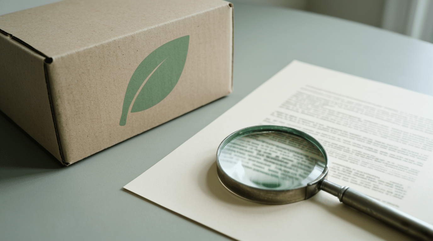 Cardboard product box with a green leaf symbol next to a magnifying glass on a printed page